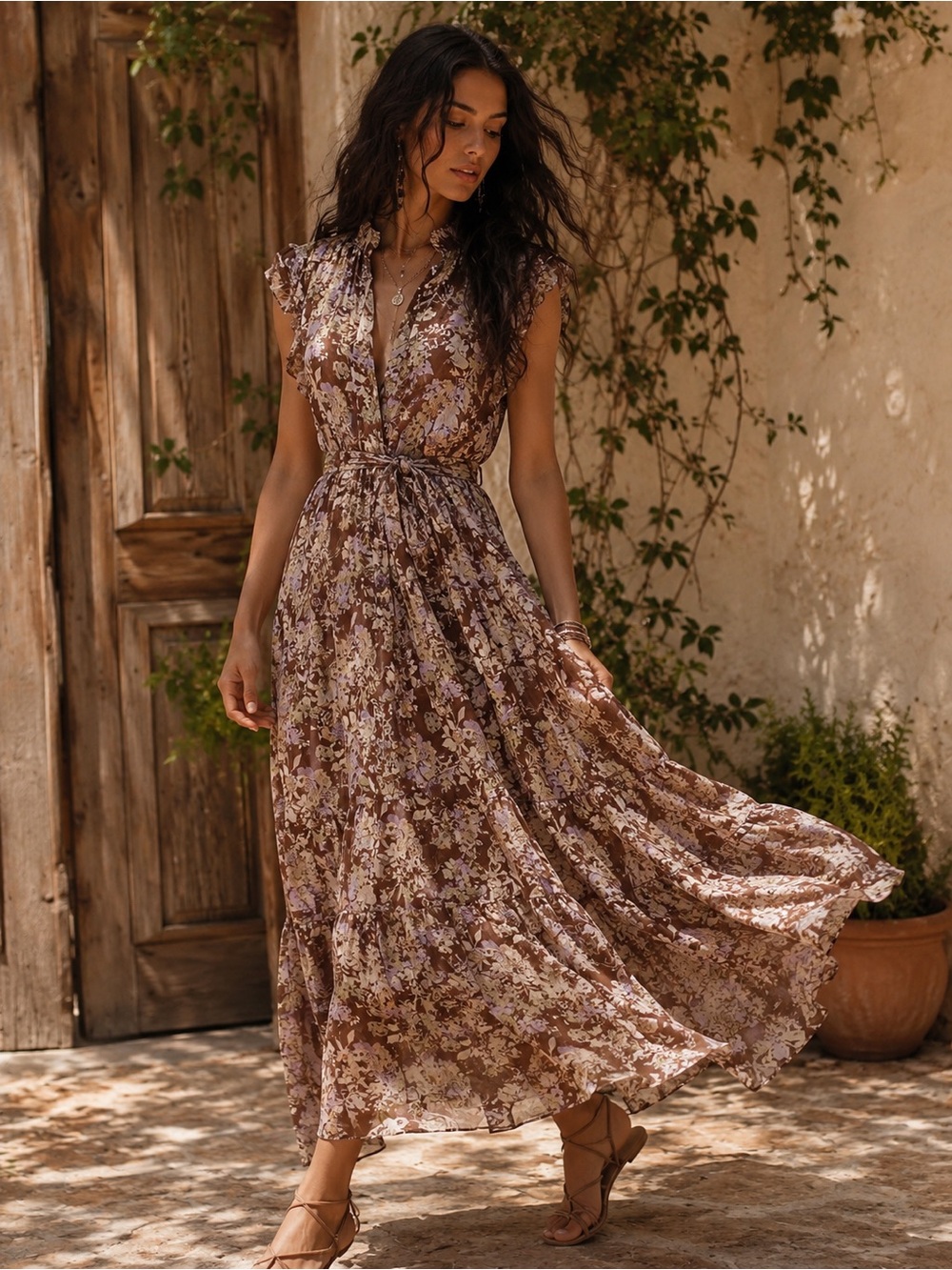 The Clothing Company Sheer Floral Midi Dress Large Brown Boho Button Front